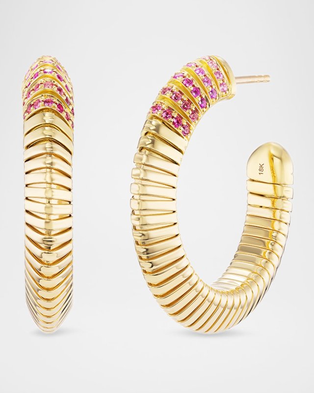 18K Tri Tubogas Hoop Earrings with Pink Sapphires